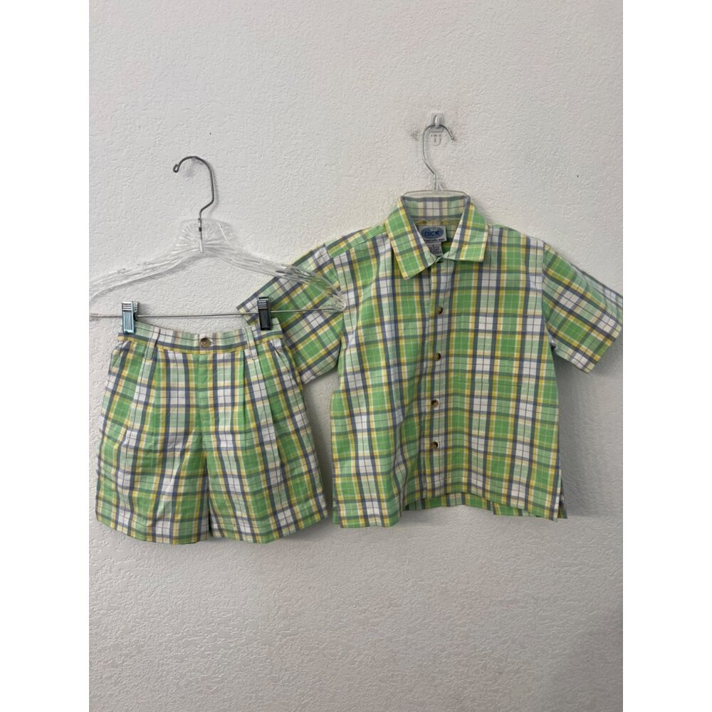 Nick Nack Patty Wack Toddler Plaid Shirt & Shorts Set 4T Green Yellow Cotton